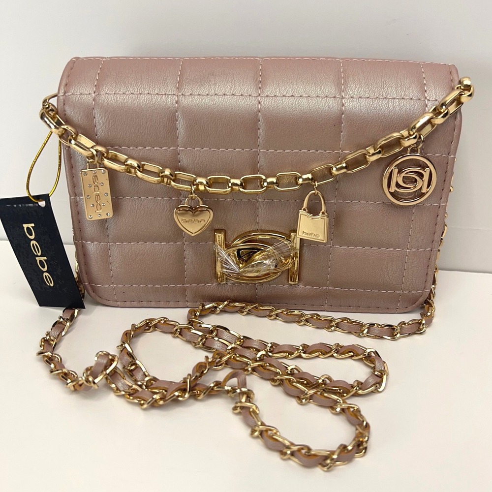 BEBE‎ Jacari Crossbody Bag Quilted Purse Gold Charms Chain Iridescent Mauve NEW